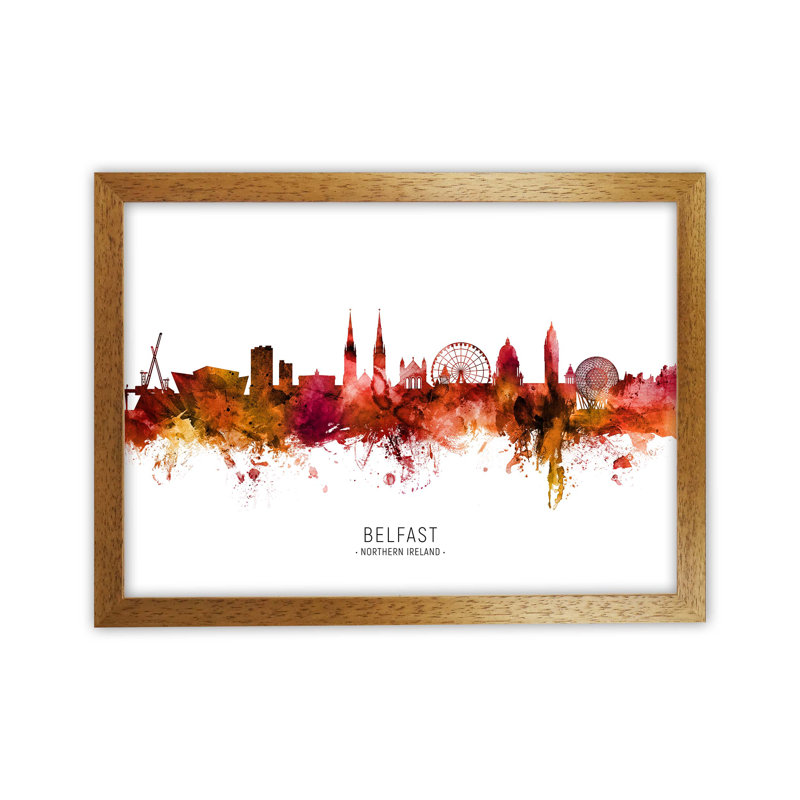 Belfast Northern Ireland Skyline Red City Name by Michael Tompsett - Print, 34cm H x 46cm W x 3cm D, Oak Framed