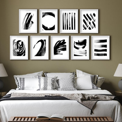 Framed Wall Art Collage Print Gallery Set, Black White Paint Stroke Variety Abstract Shapes Illustrations Modern Art Minimal Bohemian Ultra for Living Room, Office, Bedroom - 11"x14"x 9 White