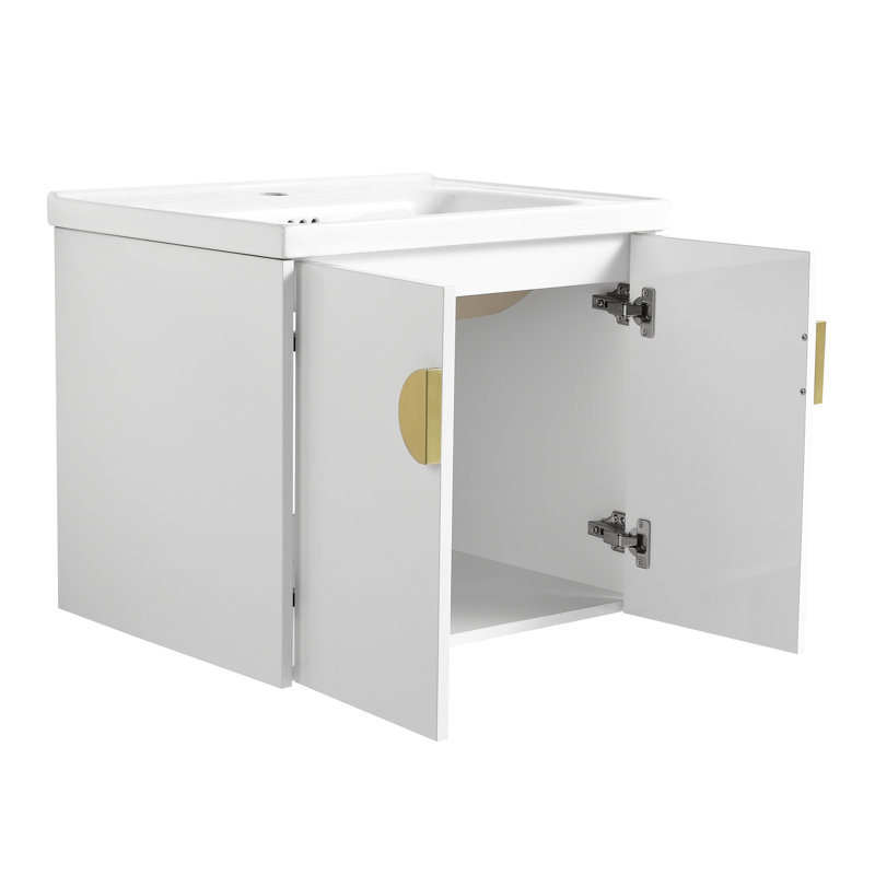 Meuble-lavabo mural de 60 po Blanc brillant avec évier et rangement. Bassin en céramique, contreplaqué robuste. 2 armoires et lavabos. Pas entièrement assemblé, blanc brillant moderne, tablette.