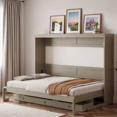 Grand lit escamotable mural avec rangement, armoire-lit pliable avec coiffeuse, miroir central et 2 tiroirs, gris vieilli