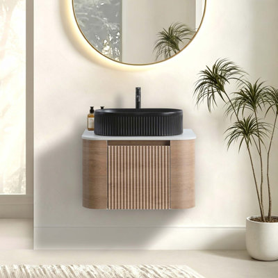Meuble-lavabo courbé élégant avec rangement intégré et design naturel