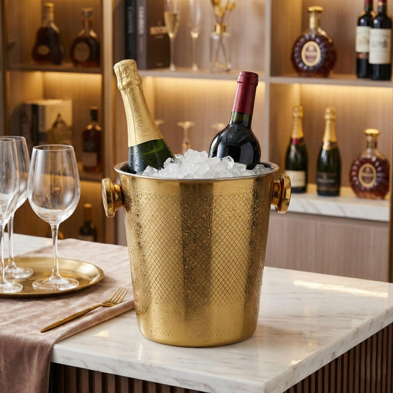 URBNLIVING Gold Metal Barware Set Cocktail Shaker Ice Bucket Wine Cooler Tongs Double Wall - Champagne & Wine Bottle Cooler