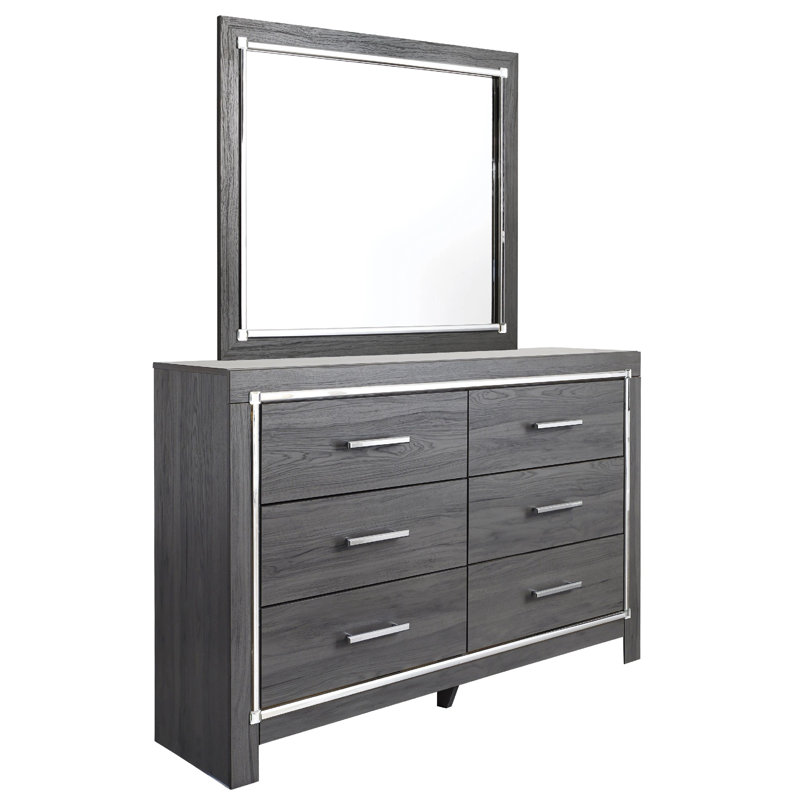 Leva 2Pc Dresser And Mirror Set, 6 Drawers W Chrome Handles, Dark Gray