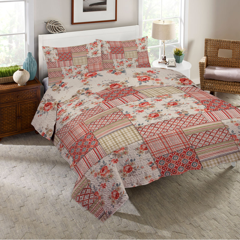 Pink and Beige Cotton Twin Reversible Quilt Set