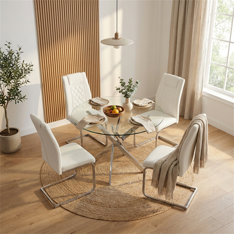 Table de salle à manger ronde en verre pour 4, table de salle à manger en verre 35,5 po avec pieds argentés, table de cuisine moderne pour la cuisine à domicile