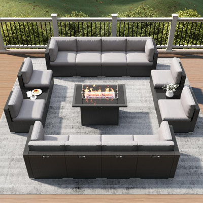  15 Piece Patio Furniture Set with Fire Pit Table, Outdoor Conversation Sets Wicker Rattan Sectional Sofa with Coffee Table