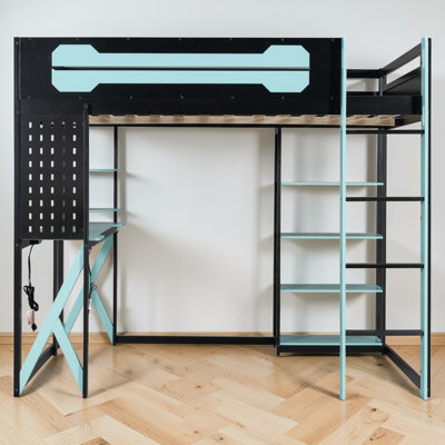 Full Size Kids Loft Bed With Desk, Gaming Workspace Design, Wood, With Rgb Lighting And Shelves, Modern & Contemporary, Kid’s Bedroom