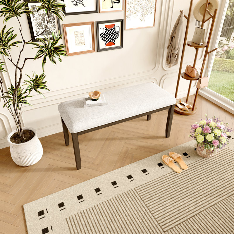 Banquette de 38 po pour hall d'entrée rembourrée en beige et brun, pieds en bois d'hévéa massif, décor Mid-Century moderne pour l'entrée, banc de couloir, siège rembourré doux, décoration moderne