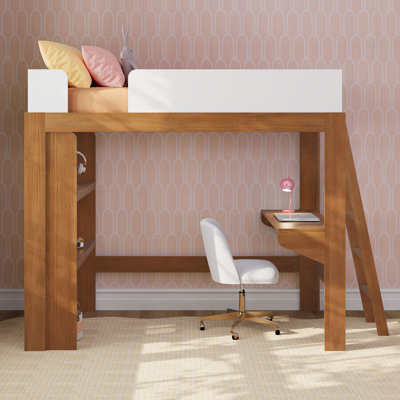 Mid-Century Modern Twin Loft Bed with Desk and Bookshelf, Pecan/White