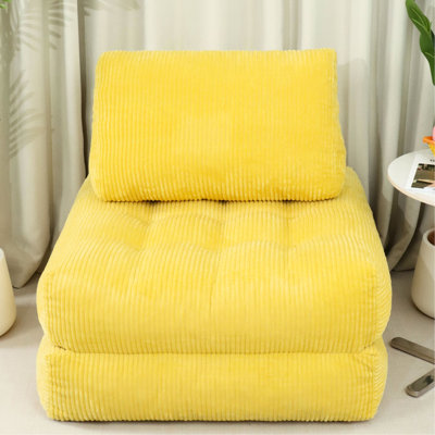 Fauteuil jaune en velours côtelé de 180 cm, garni de fausse fourrure moelleuse, livré monté, idéal pour se détendre à la maison ou en résidence étudiante. Conception ergonomique, sans soutien pour le dos, le cou et la tête. Parfait pour la chambre ou le salon.
