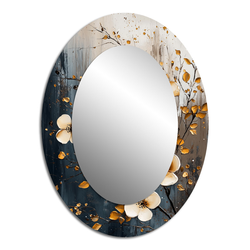 Fleur de cerisier blanc doré Botanical Florals I - Miroir décoratif floral ovale sur métal, 40 po x 30 po