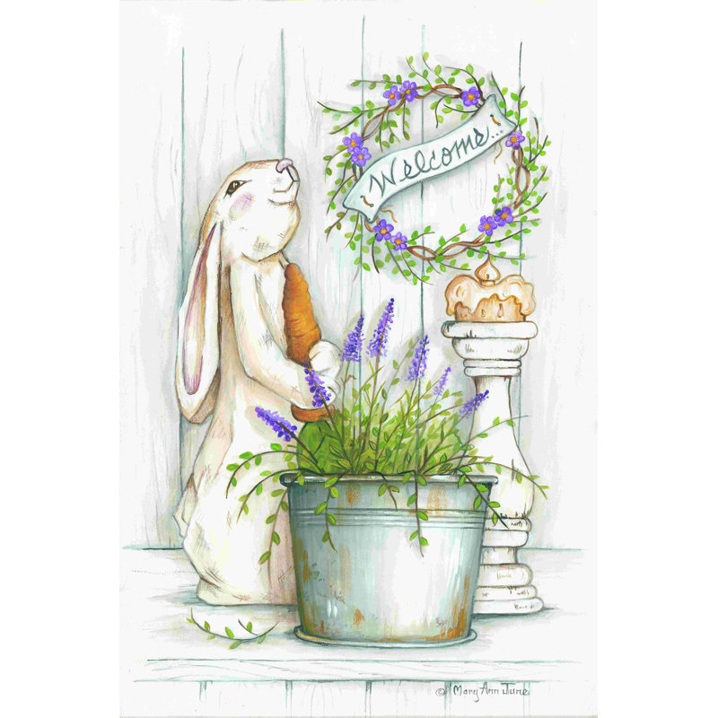 Welcome Bunny par Mary Anne June - Peinture, H 36 po x l 24 po, Non, Toile tendue