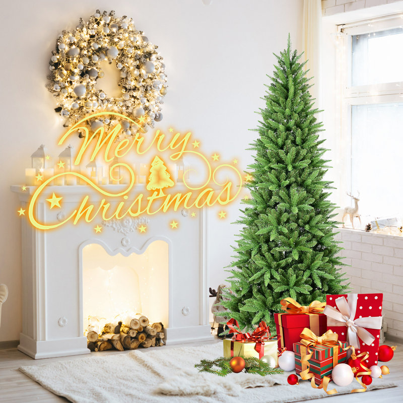 Arbre de Noël mince, 2152 pointes, branches en PE + PVC, conception à charnières pour une installation facile, support en métal stable, idéal pour les coins et les petits espaces