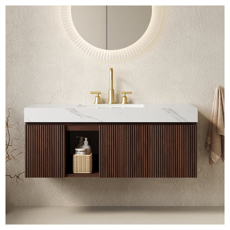 Meuble-lavabo suspendu EIDEN 48 po avec comptoir en pierre frittée, lavabo en céramique et armoire en bois de noyer