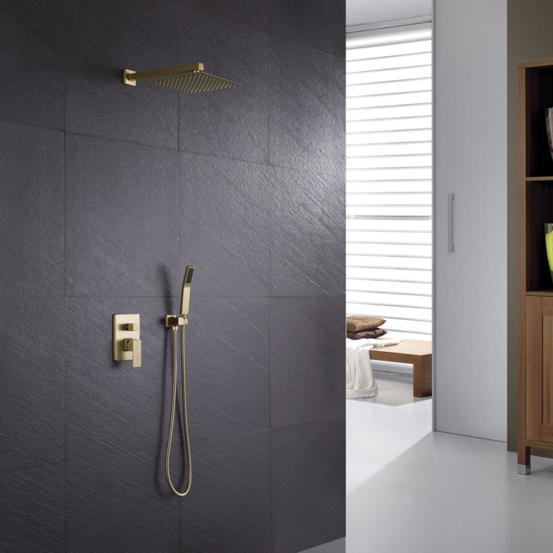 Pomme de douche carrée avec système de douche complet avec douchette carrée, Doré brossé