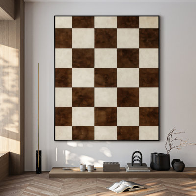 Extra Large Wall Art Fabric Print - Vintage Brown and Cream Checkerboard Pattern Artwork Decor for Living Room or Bedroom - "Frame Assembly Required (Unfinished Frame)"