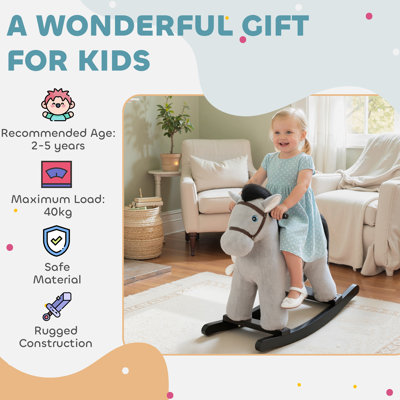 Toddler Rocking Horse, Kids Ride on Toy with Realistic Sound and Toy, Plush Animal Rocker for 2–5 Years Old, Gray,wood