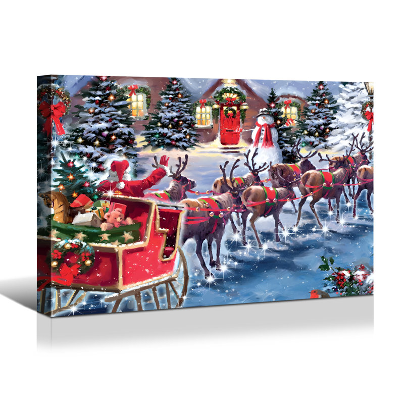 Toile encadrée, décoration de Noël, père Noël en traîneau avec renne, peinture décorative pour cadeau de Noël, bureau, salle à manger, salon, salle de bain, chambre à coucher, prêt à être suspendu