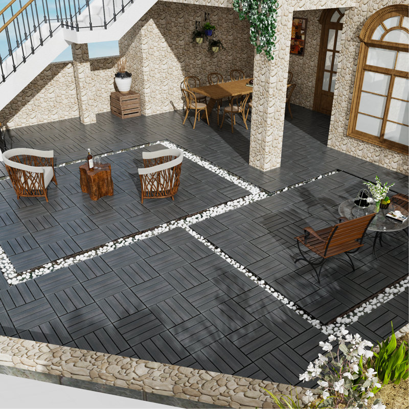 Floor Tiles Pack Of 22  WPC Wood-Plastic Composite Deck Tiles DIY Interlocking Decking Tiles, Dark Gray