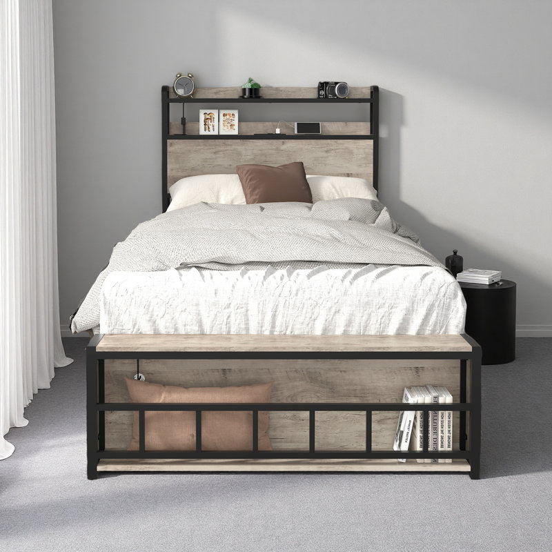 Twin Bed Frames , Headboard And Charging Station & LED Light For Bedroom, Solid And Stable, Noise Free, No Box Spring Needed, Easy Assembly