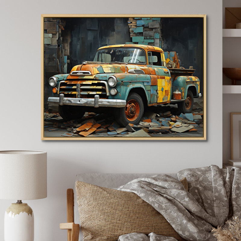 Camionnette Collage Popart, 12" H x 20" W, Silver Picture Framed
