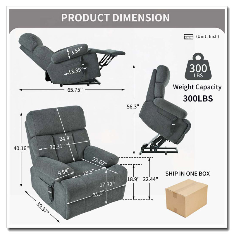 Power Lift Recliner Chair  with 2 Cup Holders,Side Pockets,Remote Control(, Dark Gray, Power - Push Button
