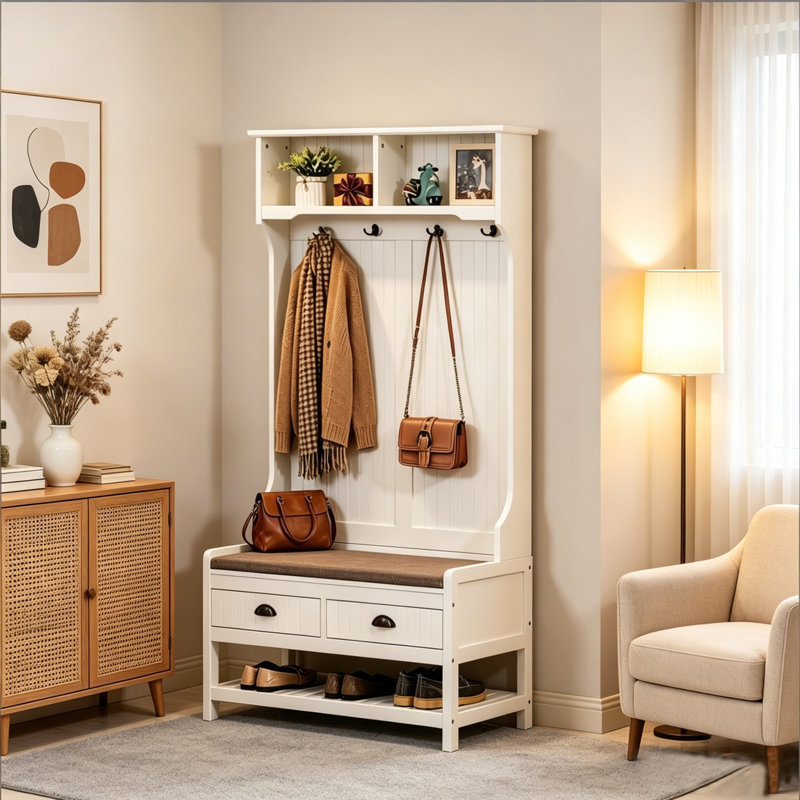 Multifunctional Design Entryway Hall Tree with Coat Rack, Storage Bench, and Hooks, Ideal for Organized Living.