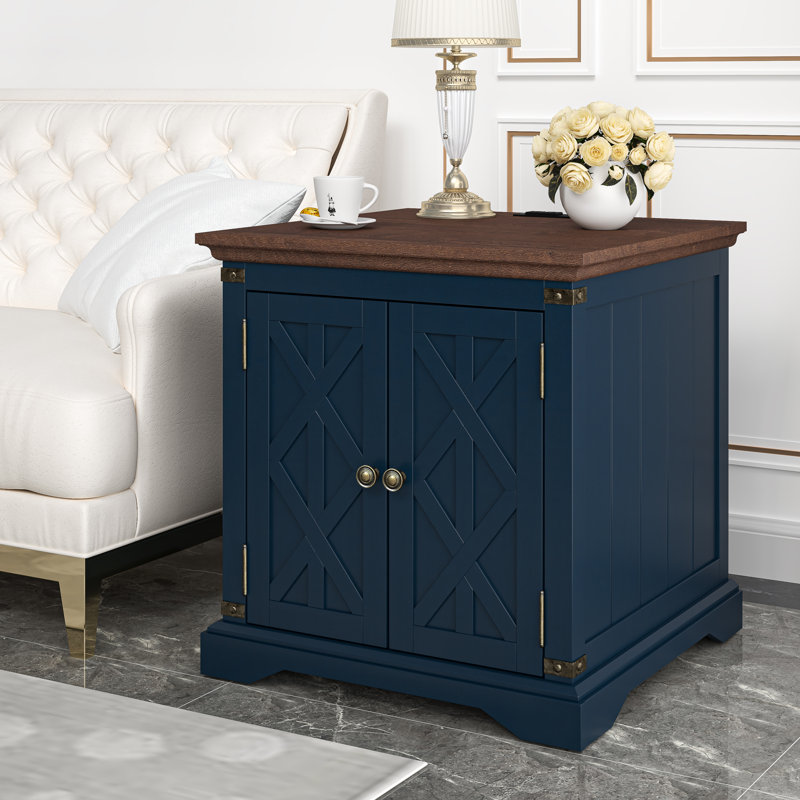 Taejuan End Table and Built-In Outlets, Navy, Brown
