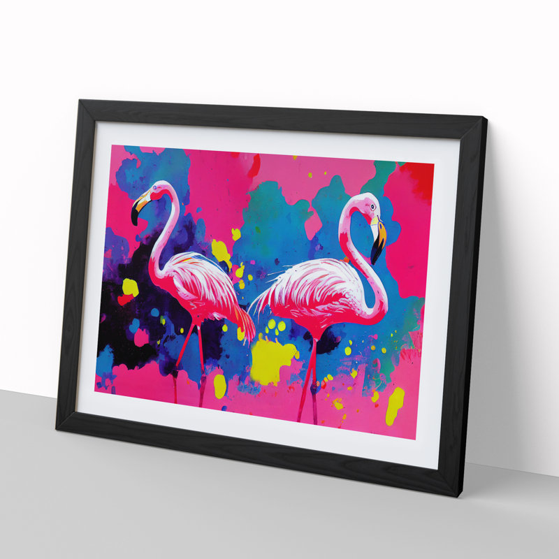 Flamingo Splash - Single Picture Frame Print, Black, 25cm H x 34cm W x 2cm D