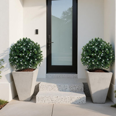 Set of 2 24" Artificial Boxwood Topiary with White Flowers, UV Resistant Faux Shrub, Ground Spike