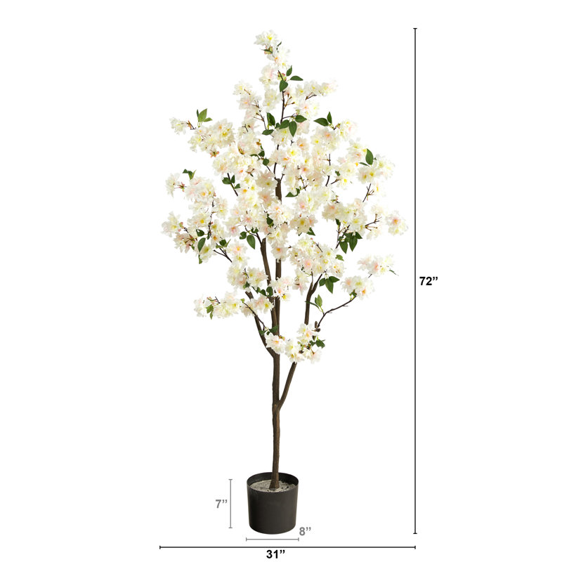 Faux Cherry Blossom Tree in Planter, White, 72" H x 31" W x 10" D