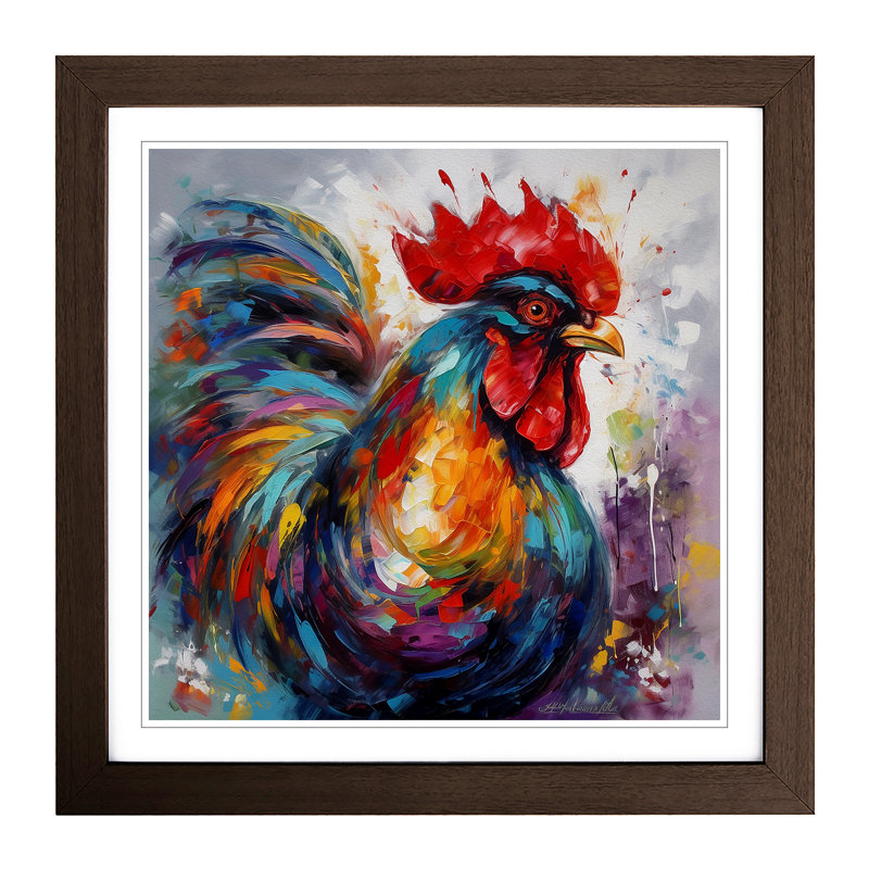 Rooster Expressionism - Single Picture Frame Print on Wood, Walnut