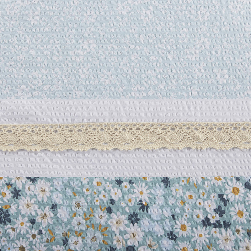 Édredon imprimé en seersucker avec 2 coussins décoratifs - literie Shabby Chic en blanc 5 pièces