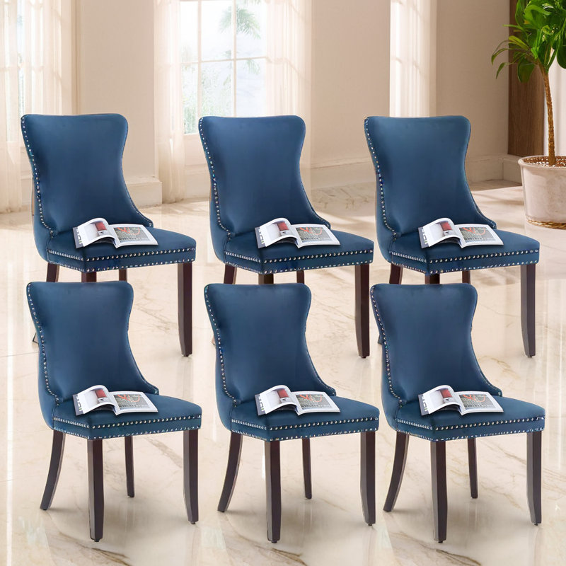 Blue Velvet Upholstered Dining Chairs with Nailhead Trim, Set of 6