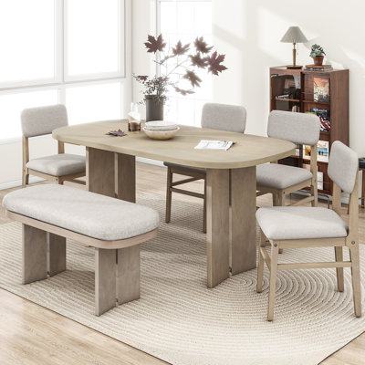 Solid Wood Dining Table Set with Bench - 6-Piece Upholstered Rectangular Dining Room Table Set with Bench, 2-Color Modern Farmhouse Kitchen Furniture