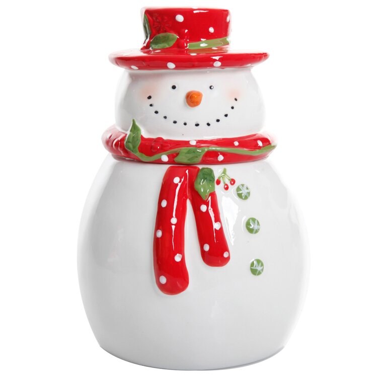 Holiday Time White Snowman Treat Cookie Jar, Earthenware Ceramic