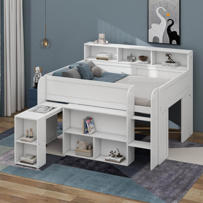 Full Size Loft Bed With Extendable Desk & Storage Shelves & LED Light,Wooden Loft Bed Frame With Bookcase