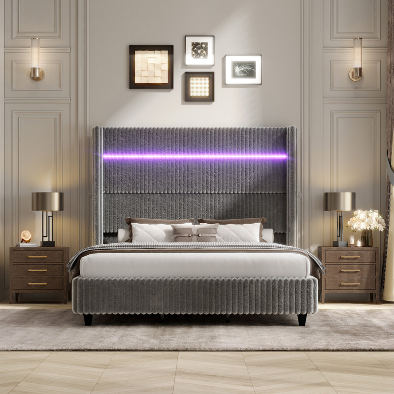 Lit à oreilles Gerasim Queen gris de 152 cm de haut, en fausse fourrure, avec éclairage DEL et port de chargement USB, gris