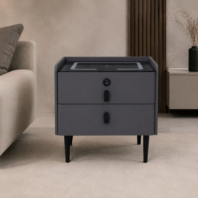 20" W 2-Drawer Smart Nightstand with Fingerprint Lock, Wireless Charging, USB/Type-C Ports, Bluetooth Speakers and 3-Color LED Light