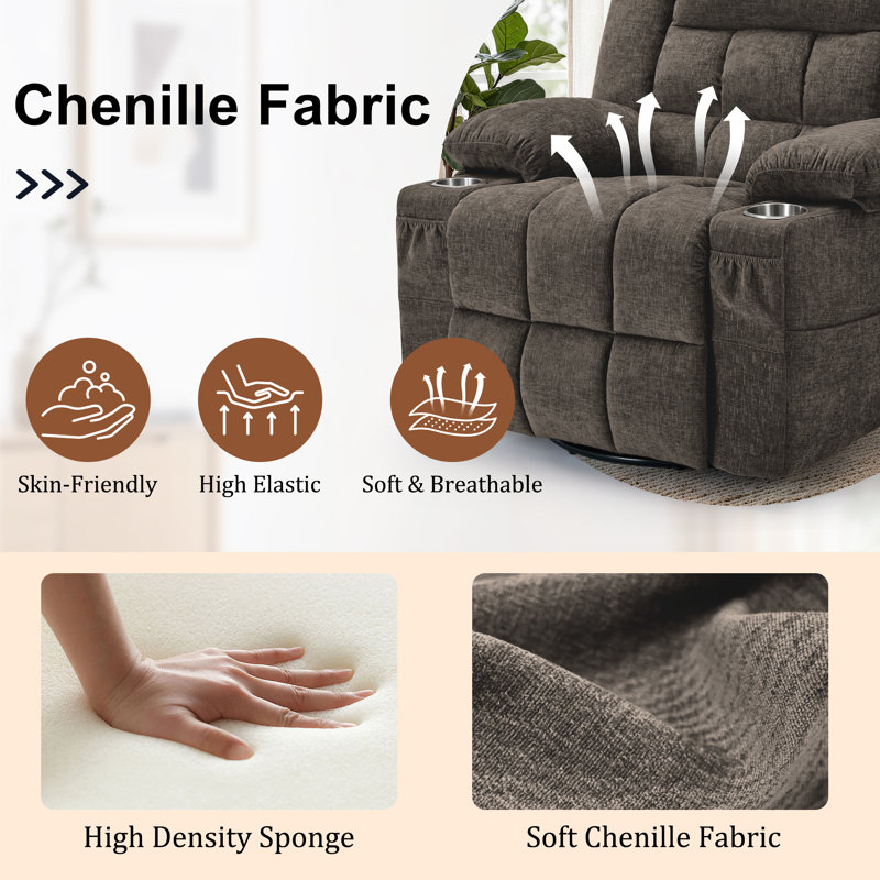 360° Swivel Rocker Recliner for Adults, Recliner Chair with Massage and Heating, Rocking Chair with Cup Holder, Manual Recliner Chair for Living Room, Bedroom