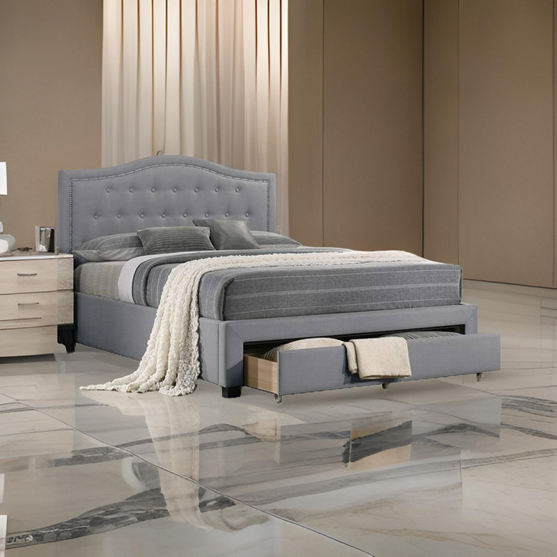 Lit plateforme tapissier avec rangement Rodeen, Gris, Simple