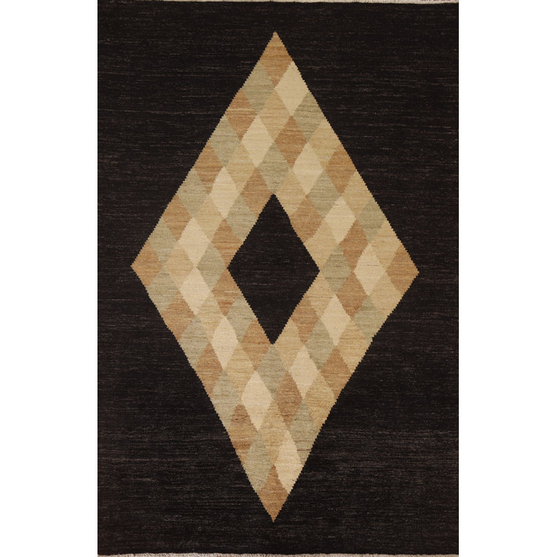 Tapis noir en laine noué à la main de conception unique 5 pi 7 po x 7 pi 10 po New Age Burchette