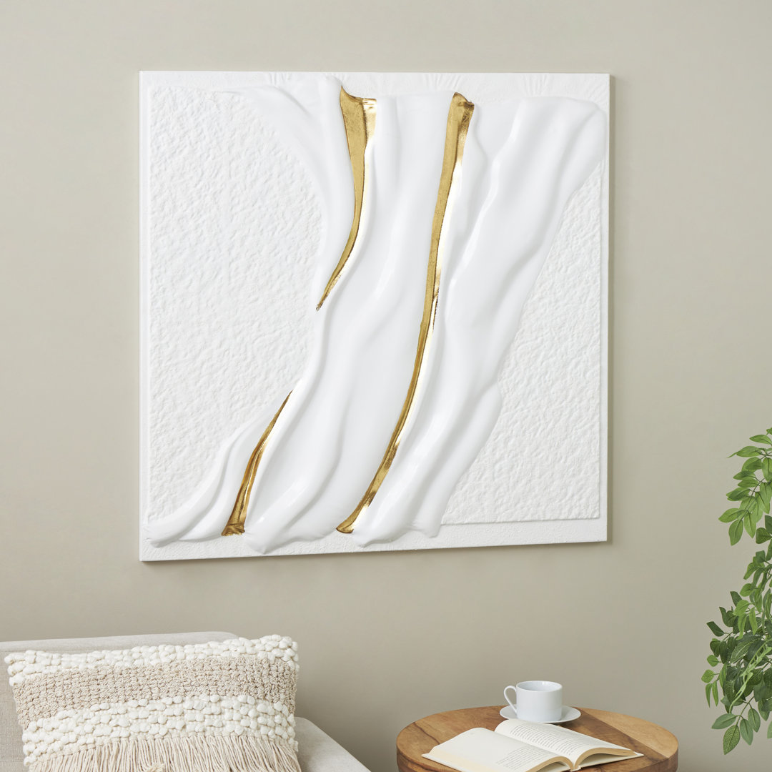 Metal Dimensional Textured Wavy Abstract White Wall Decor with Curved Gold Accents Mercer41