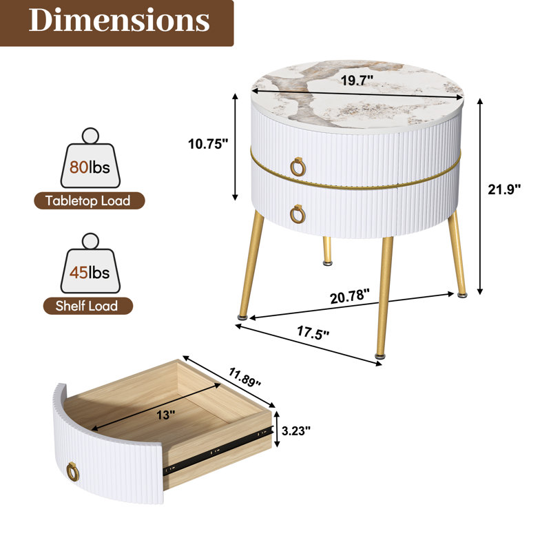 Midwest Side Table with Storage, White Marble/Gold
