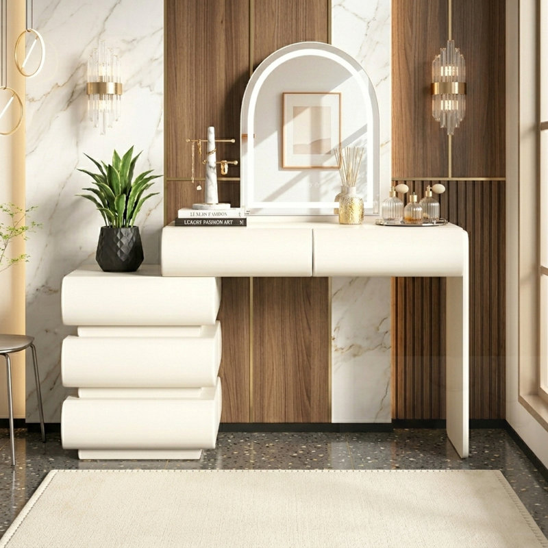 Table de coiffeuse 2-en-1 avec miroir à DEL 3 couleurs et tiroirs de rangement