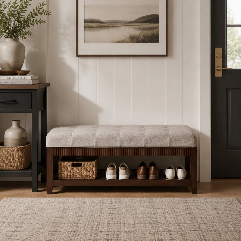 Banc d'entrée en hévéa massif avec coussin rembourré et étagère à chaussures intégrée., Brun cendré / patchwork, Brun cendré