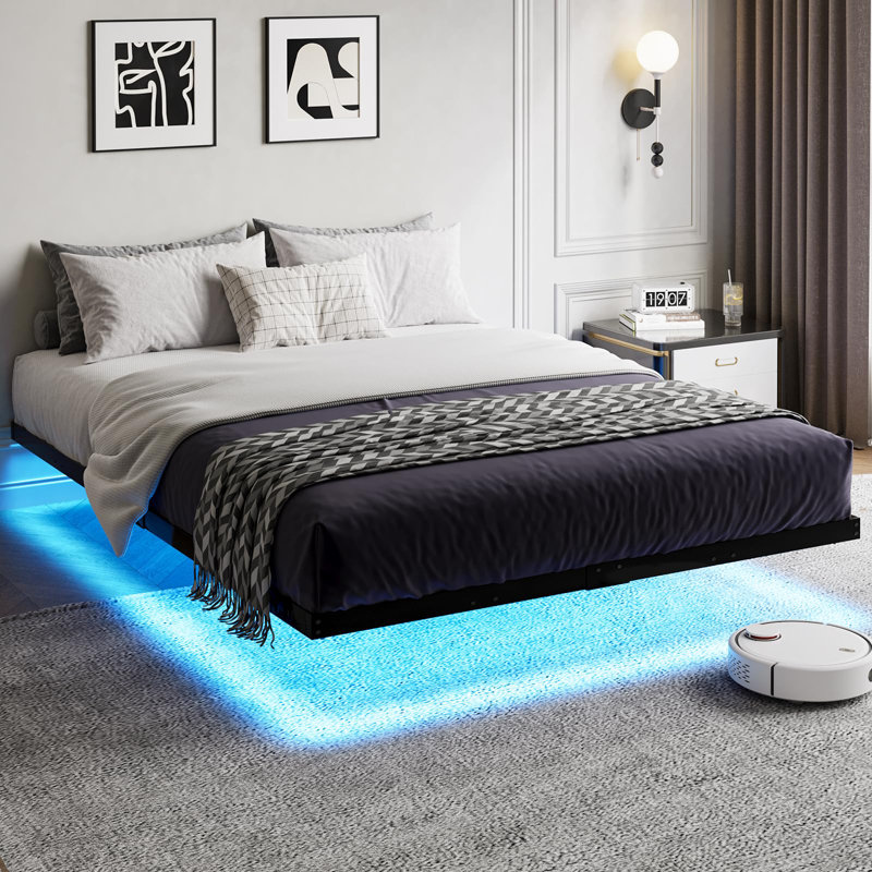 Black Queen Floating Bed Frame with LED Lights and Metal Slats