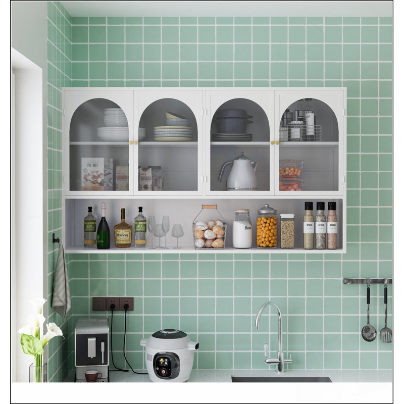 Élégante armoire murale en verre blanche à quatre portes, parfaite pour le rangement organisé et la décoration moderne, idéale pour n'importe quelle pièce.