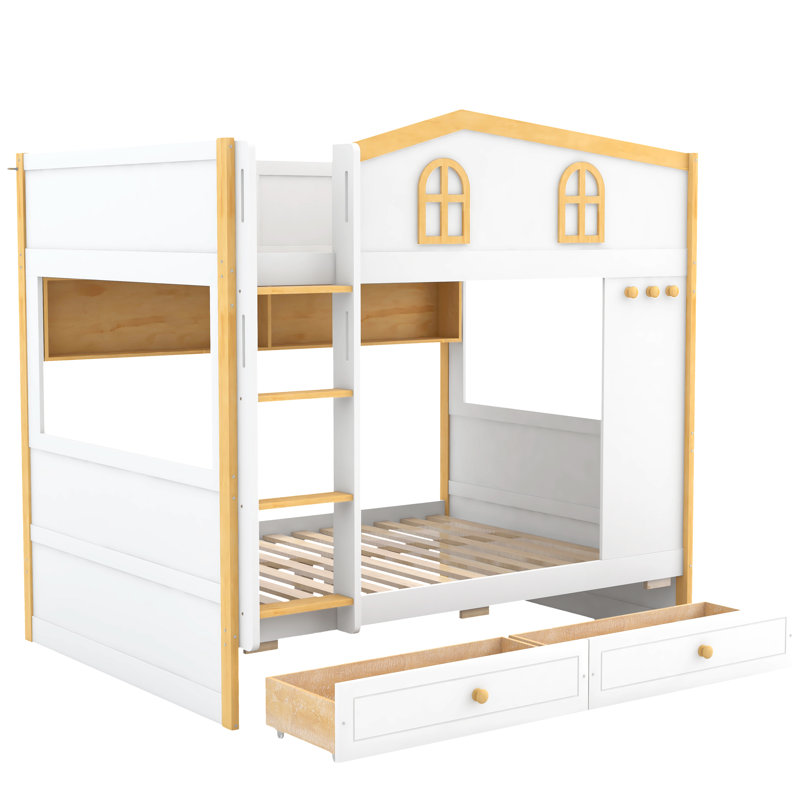 House-Shaped Bunk Bed with Storage Drawers & Shelves, Solid Wood Kids Loft Bed, Natural, Full Over Full