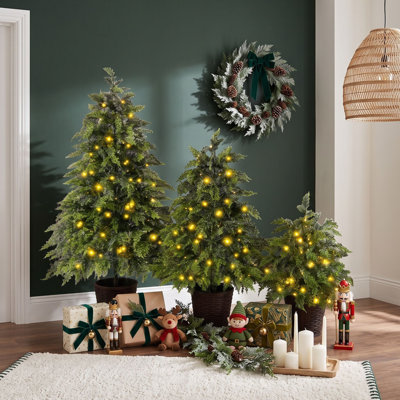 Ensemble d'arbres de Noël artificiels pré-éclairés 2 pi, 3 pi et 4 pi avec lumières à DEL blanc chaud et bases en pot lestées pour une décoration intérieure des Fêtes